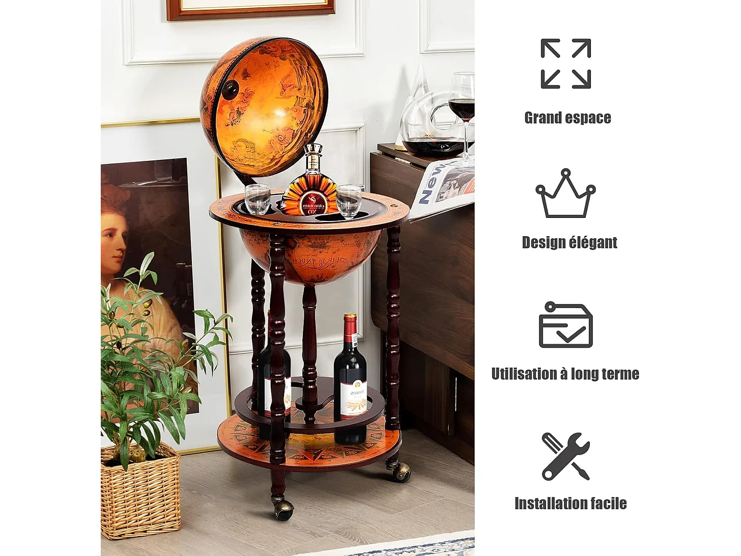 Vintage Globe Bar, eucalyptus houten wereldkaart, 16e-eeuwse flessenhouder, rustieke decoratie toevoegen aan uw huis