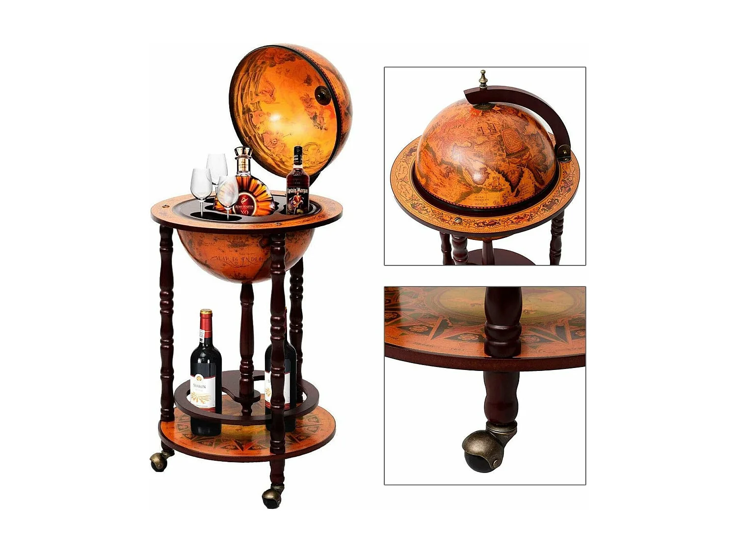 Bar Globe Terrestre Vintage, Mappemonde en Bois d'Eucalyptus, Porte-Bouteilles 16e Siècle, Ajout Une Décoration Rustique pour Votre Maison