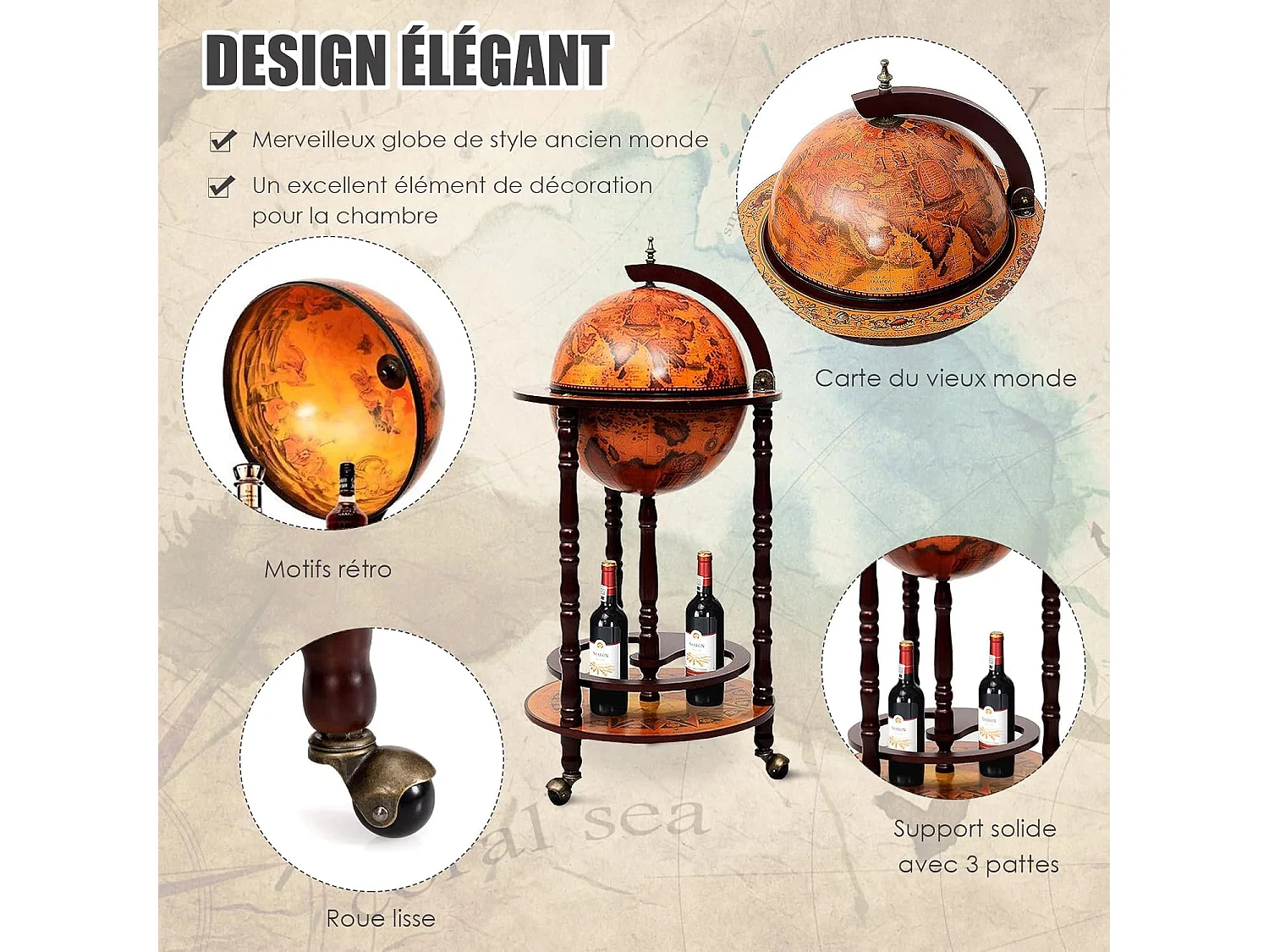 Bar Globe Terrestre Vintage, Mappemonde en Bois d'Eucalyptus, Porte-Bouteilles 16e Siècle, Ajout Une Décoration Rustique pour Votre Maison