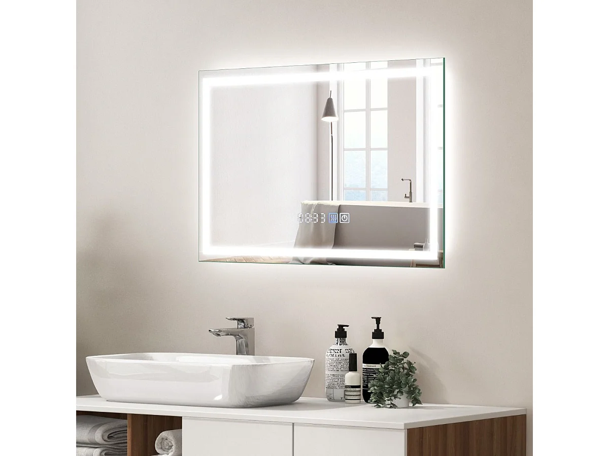Miroir de Salle de Bain à LED, Miroir Mural Lumineux avec 3 Couleurs/Luminosité Réglable, Fonction Mémoire Affichage Temps Température IP44 avec Interrupteur Tactile, Argent