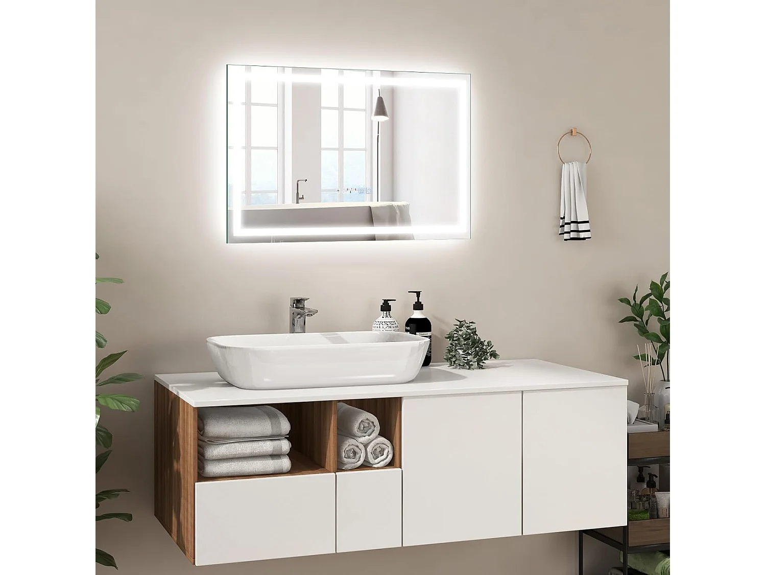 Miroir de Salle de Bain à LED, Miroir Mural Lumineux avec 3 Couleurs/Luminosité Réglable, Fonction Mémoire Affichage Temps Température IP44 avec Interrupteur Tactile, Argent