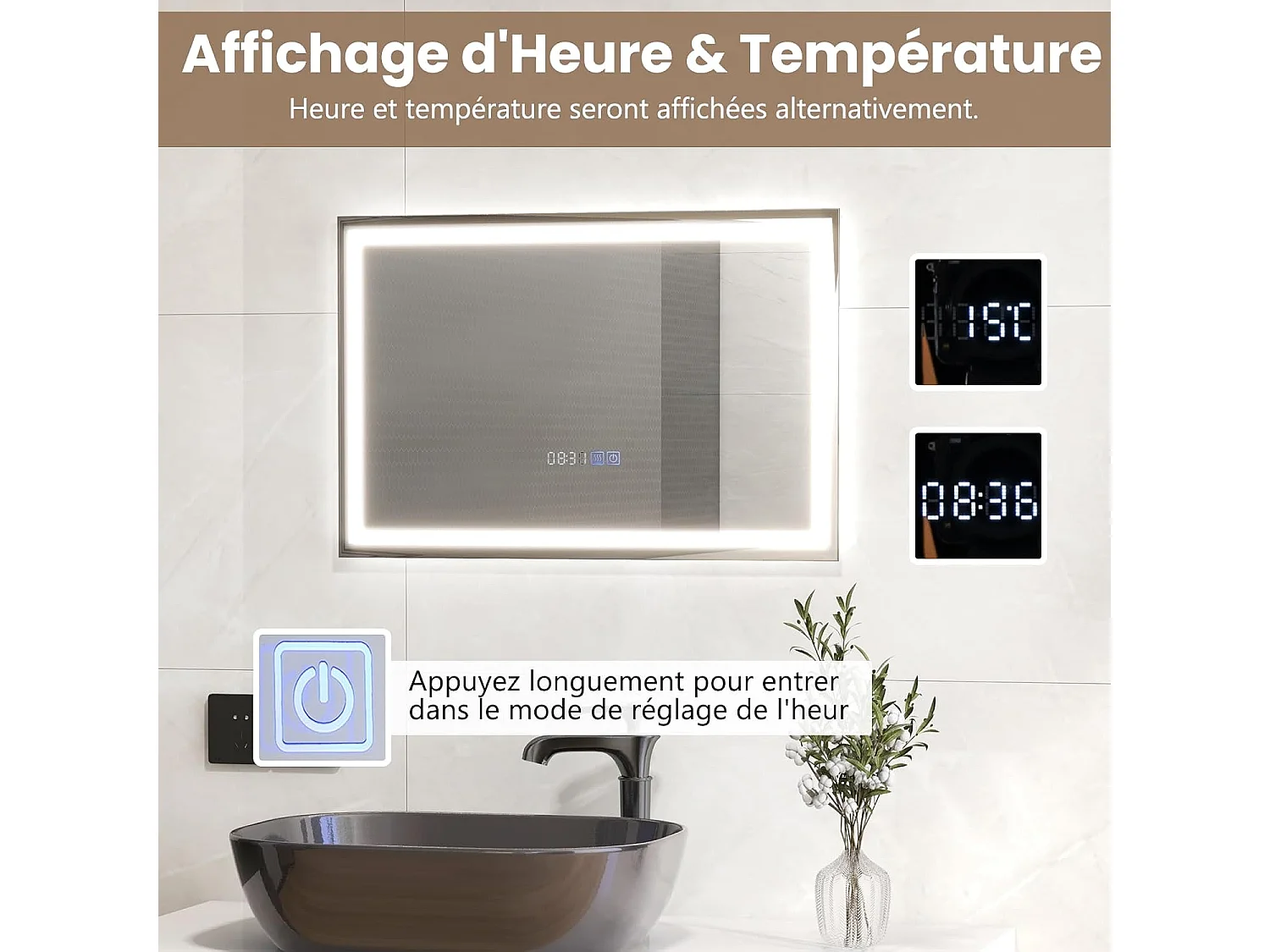 Miroir de Salle de Bain à LED, Miroir Mural Lumineux avec 3 Couleurs/Luminosité Réglable, Fonction Mémoire Affichage Temps Température IP44 avec Interrupteur Tactile, Argent
