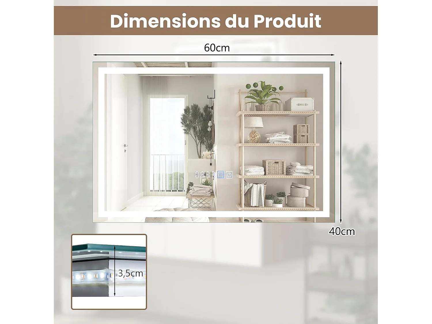 Miroir de Salle de Bain à LED, Miroir Mural Lumineux avec 3 Couleurs/Luminosité Réglable, Fonction Mémoire Affichage Temps Température IP44 avec Interrupteur Tactile, Argent