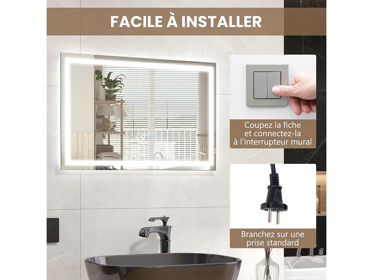 Miroir de Salle de Bain à LED, Miroir Mural Lumineux avec 3 Couleurs/Luminosité Réglable, Fonction Mémoire Affichage Temps Température IP44 avec Interrupteur Tactile, Argent