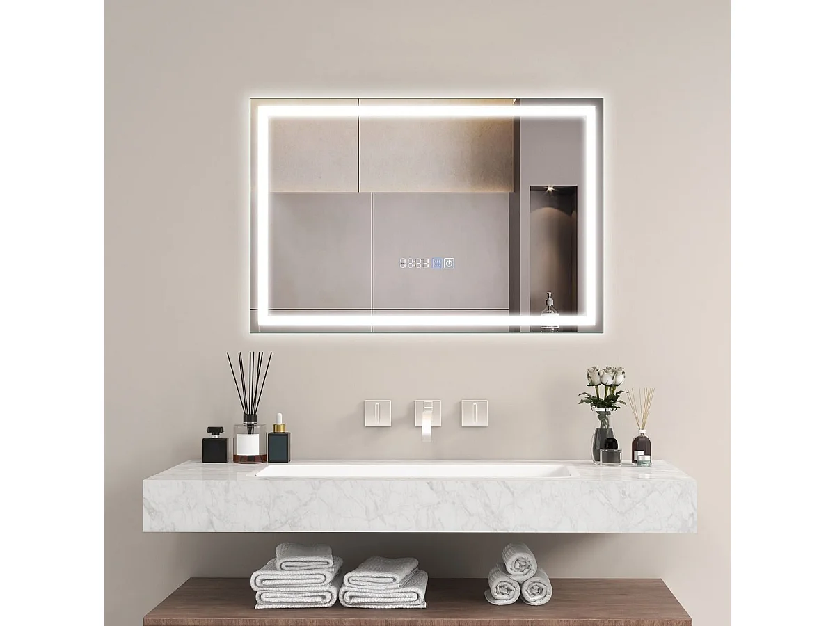 Miroir de Salle de Bain à LED, Miroir Mural Lumineux avec 3 Couleurs/Luminosité Réglable, Fonction Mémoire Affichage Temps Température IP44 avec Interrupteur Tactile, Argent