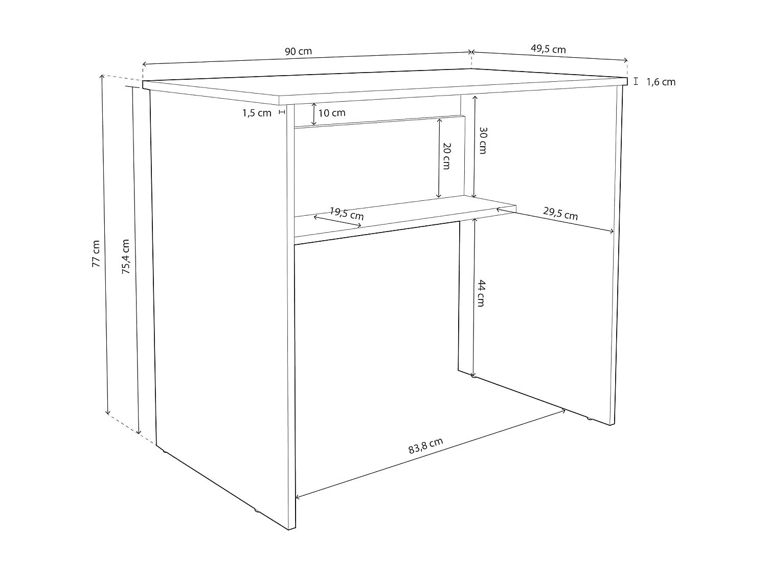 Mesa de Escritorio, Mesas para Ordenador, Acabada en Blanco, Mesa para Pc con balda interior, Medidas: 90 cm (Ancho) x 49,5 cm (Fondo) x 77 cm (Alto) - Meyvaser