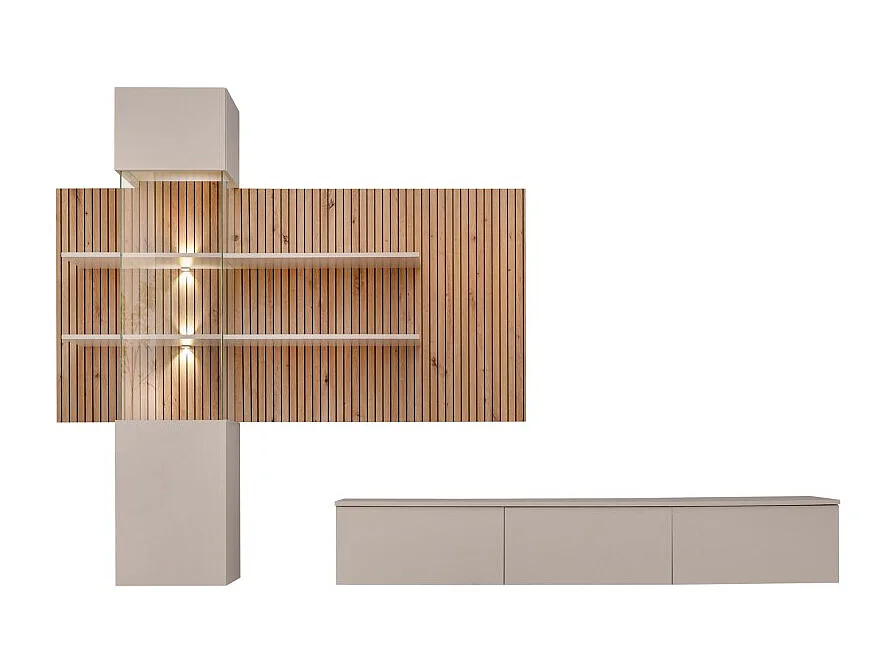 Composizione murale ALVANO (Beige & Rovere) - Pannello murale, mobile vetrato LED e mobile TV