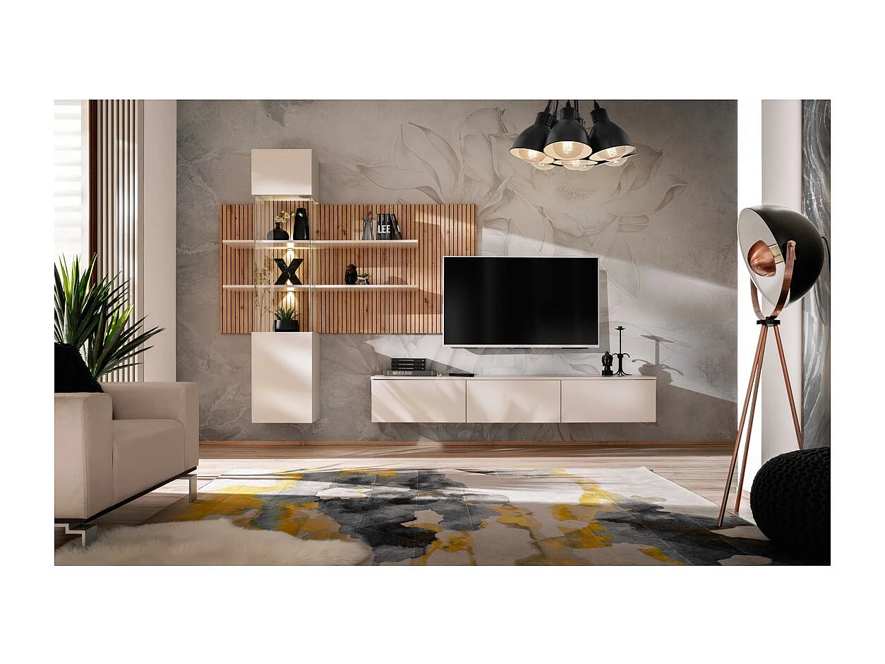 Composizione murale ALVANO (Beige & Rovere) - Pannello murale, mobile vetrato LED e mobile TV