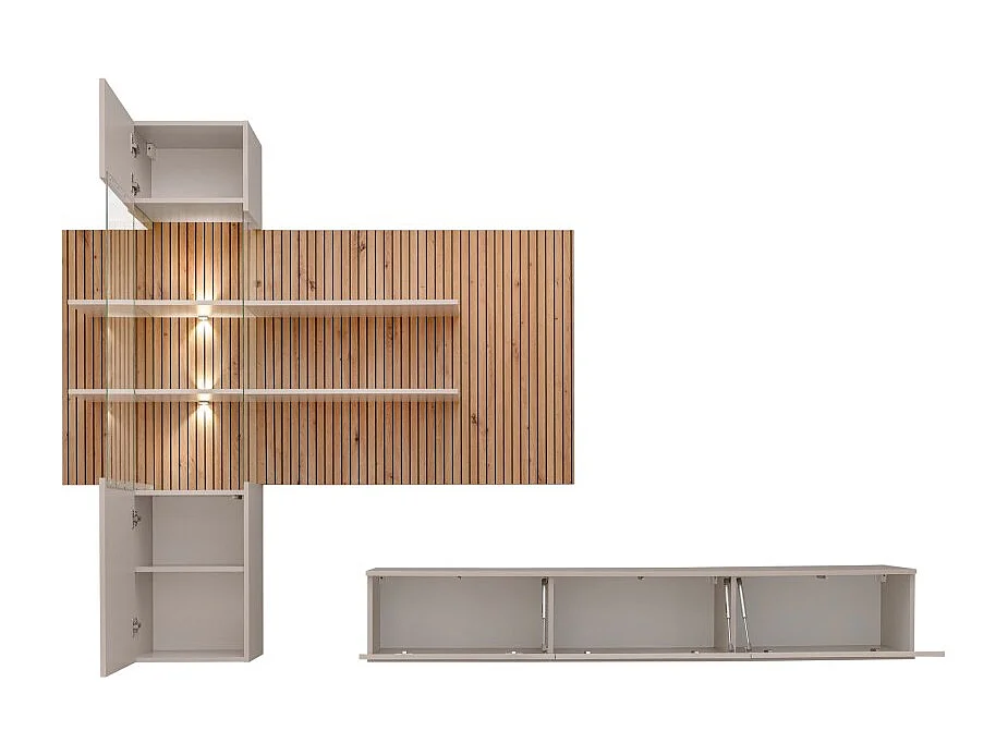 Composizione murale ALVANO (Beige & Rovere) - Pannello murale, mobile vetrato LED e mobile TV