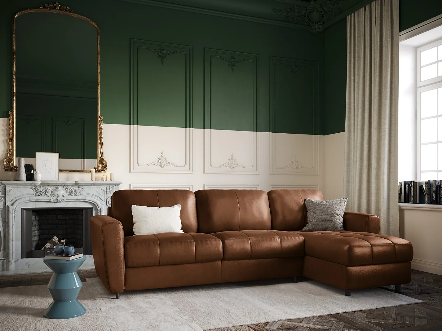 CXL by Christian Lacroix - Canapé d'angle droit convertible "Audra" 4 places en cuir véritable marron - 270x170x88cm