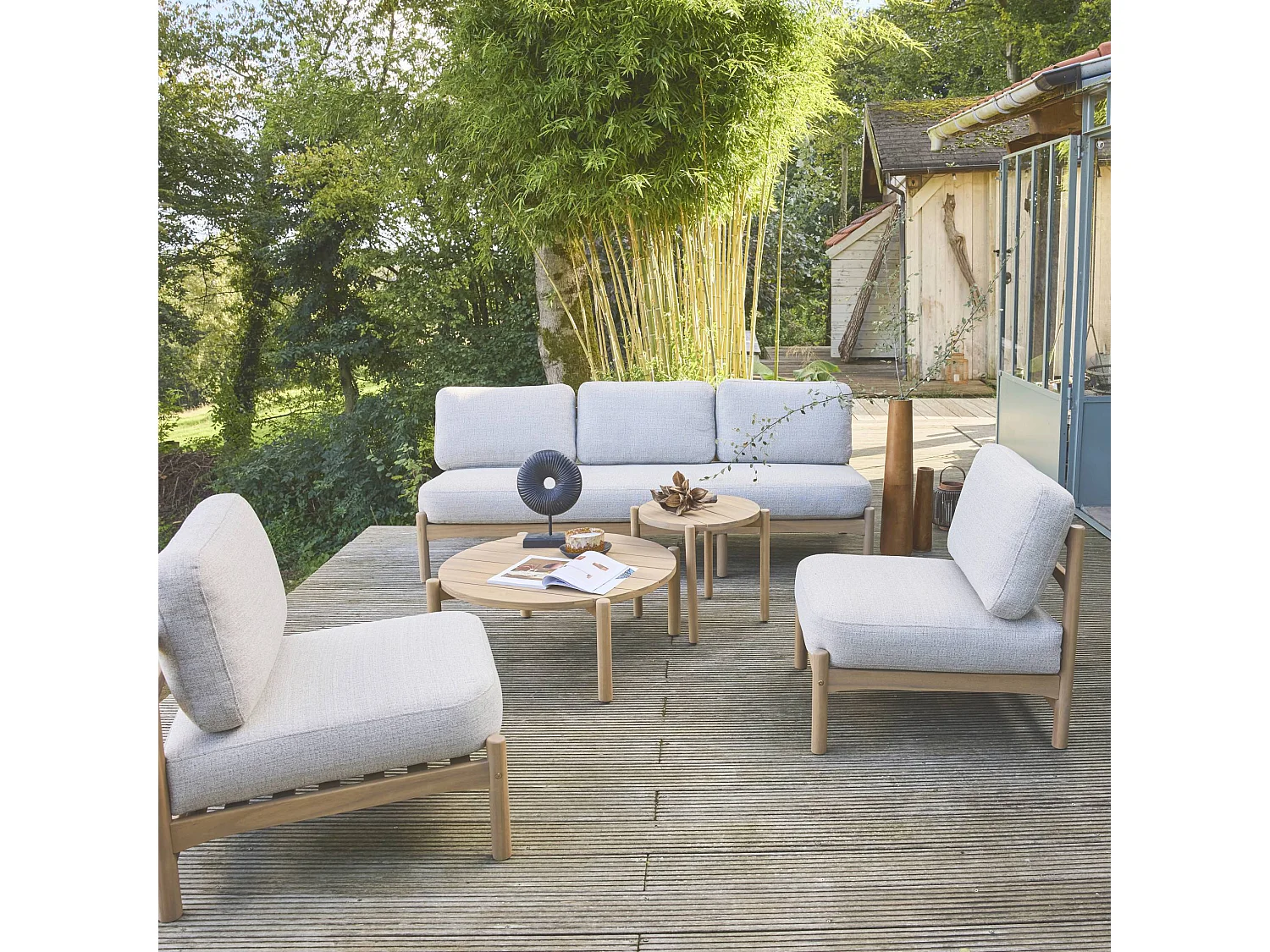 Set da giardino in legno di acacia, 5 posti, beige