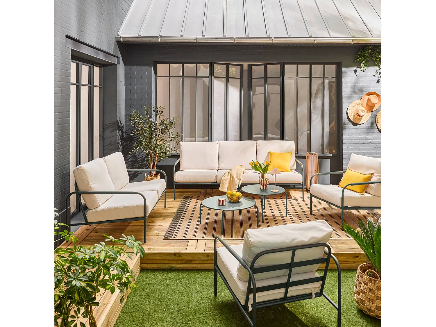 Set da giardino in acciaio, 7 persone, verde kaki