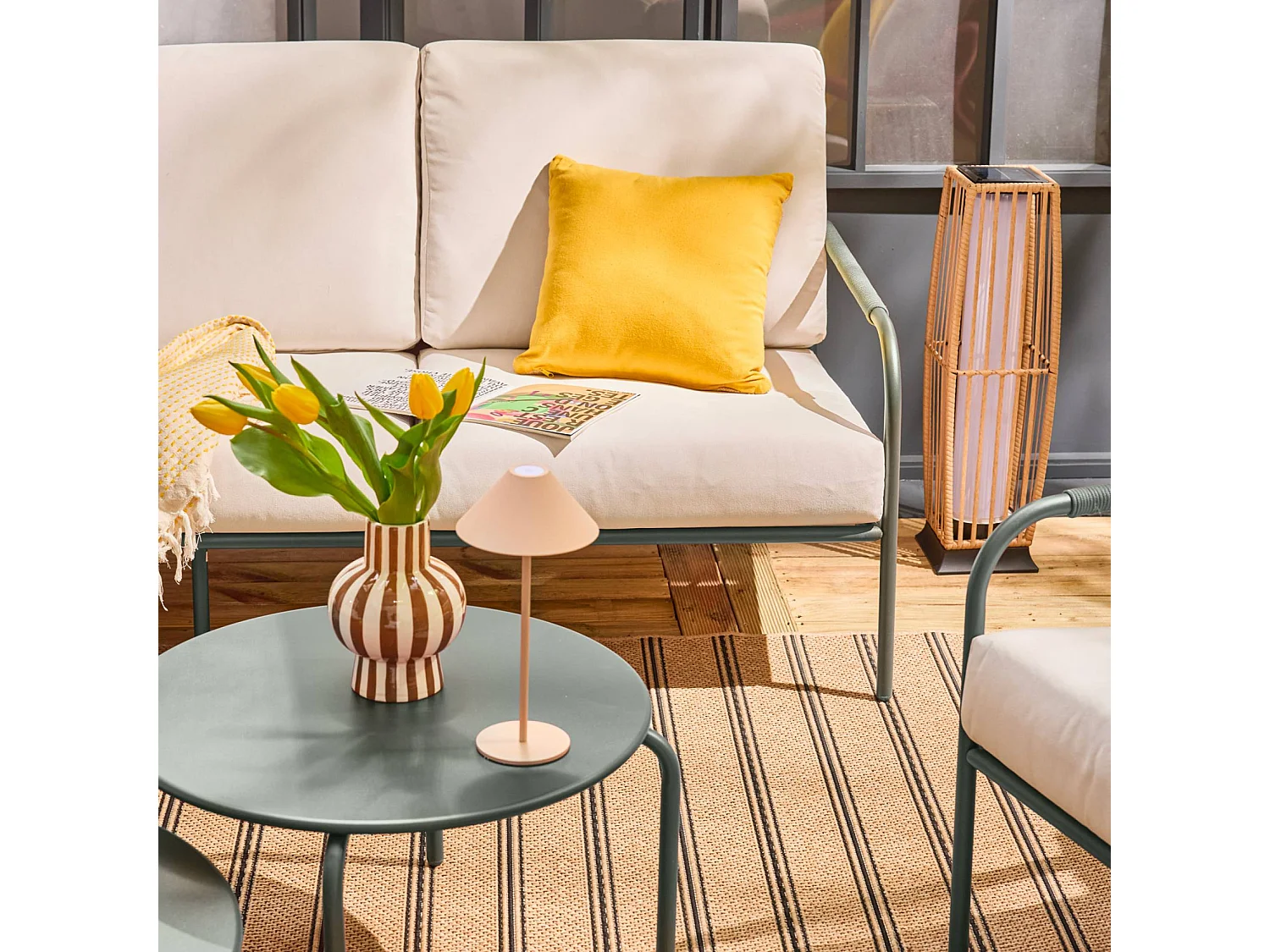 Set da giardino in acciaio, 7 persone, verde kaki