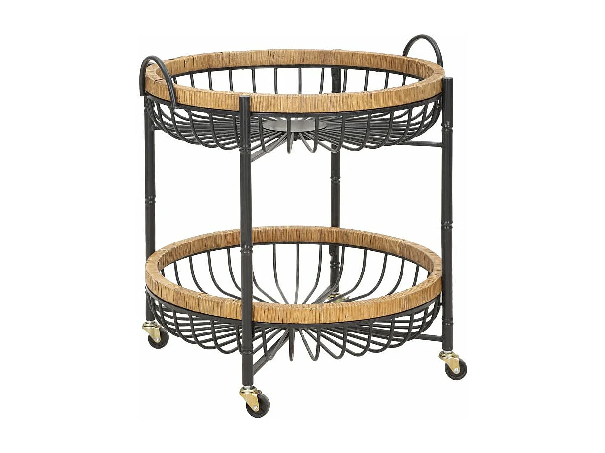 Dubbele trolley in ijzer en hout, zwart en bruin, 57x55,5x62,5 cm