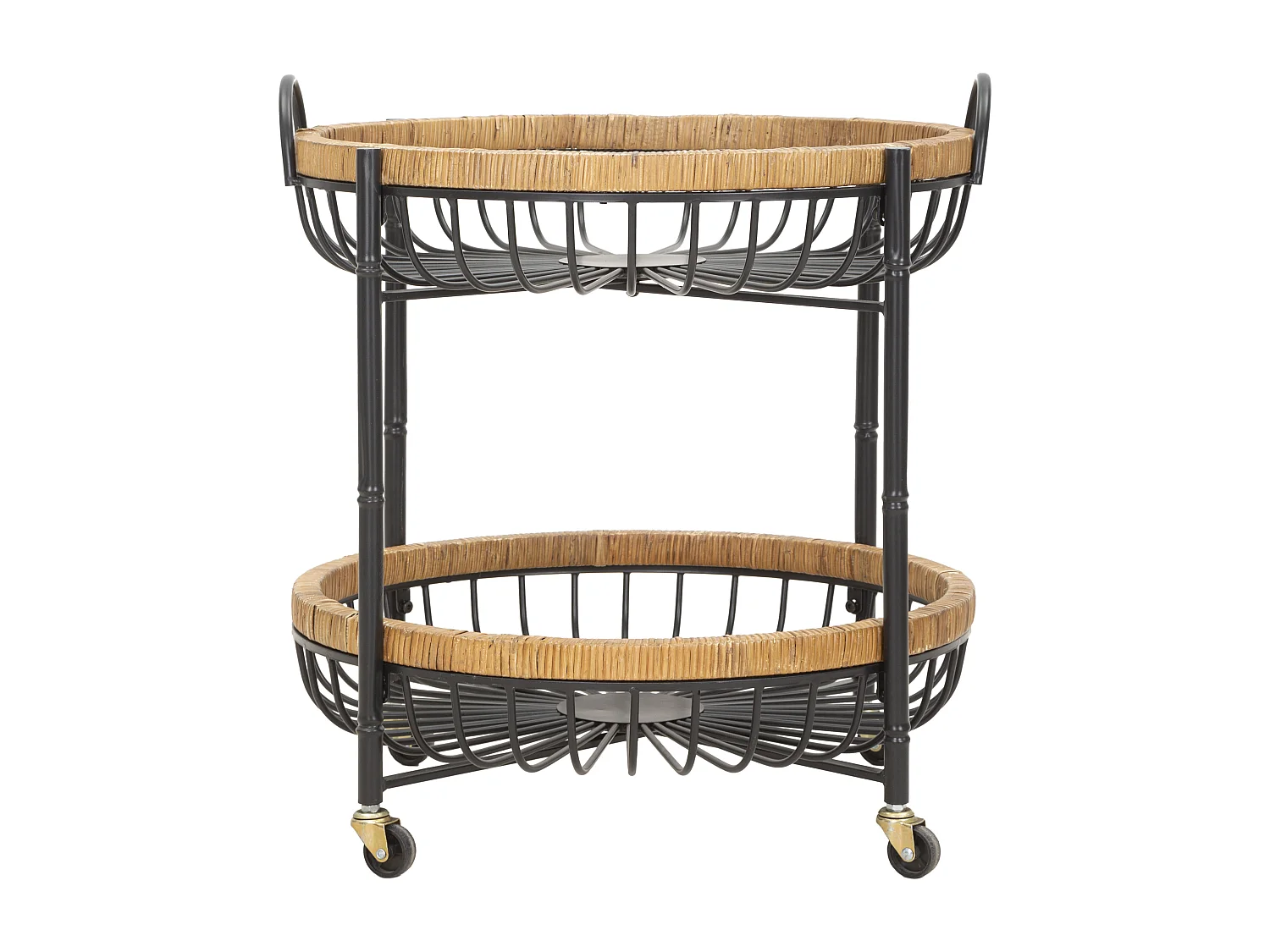 Dubbele trolley in ijzer en hout, zwart en bruin, 57x55,5x62,5 cm