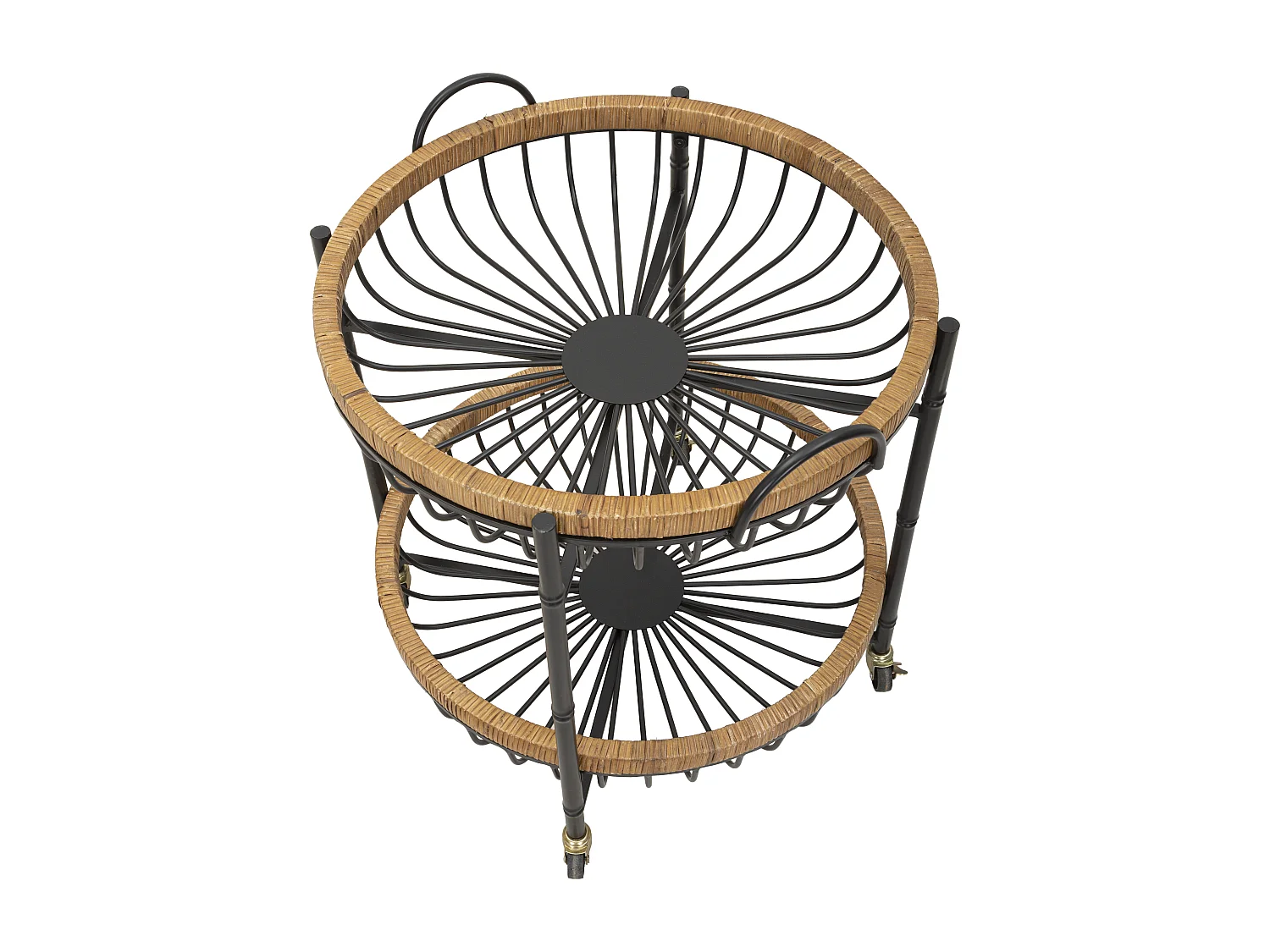 Dubbele trolley in ijzer en hout, zwart en bruin, 57x55,5x62,5 cm