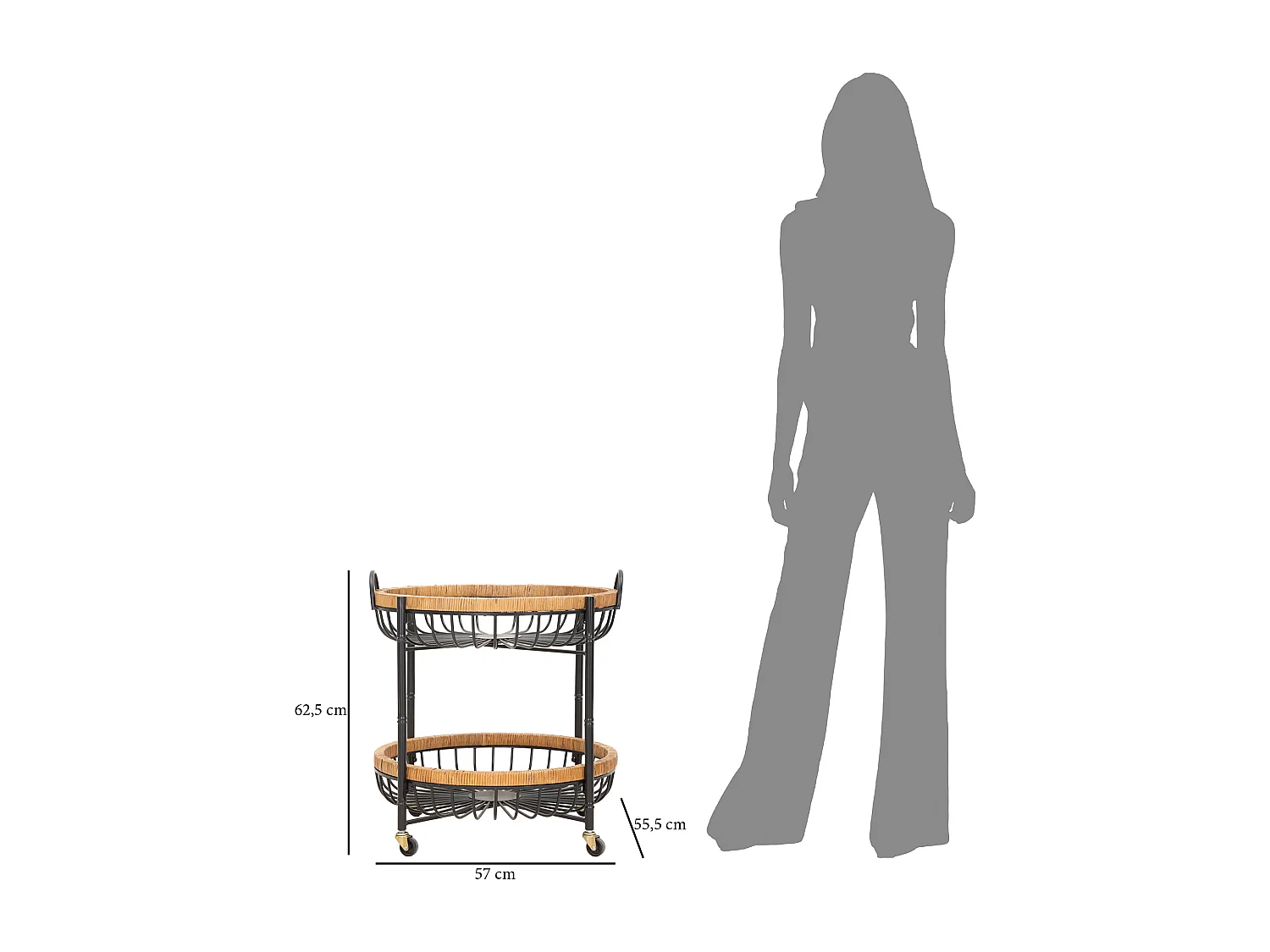 Dubbele trolley in ijzer en hout, zwart en bruin, 57x55,5x62,5 cm