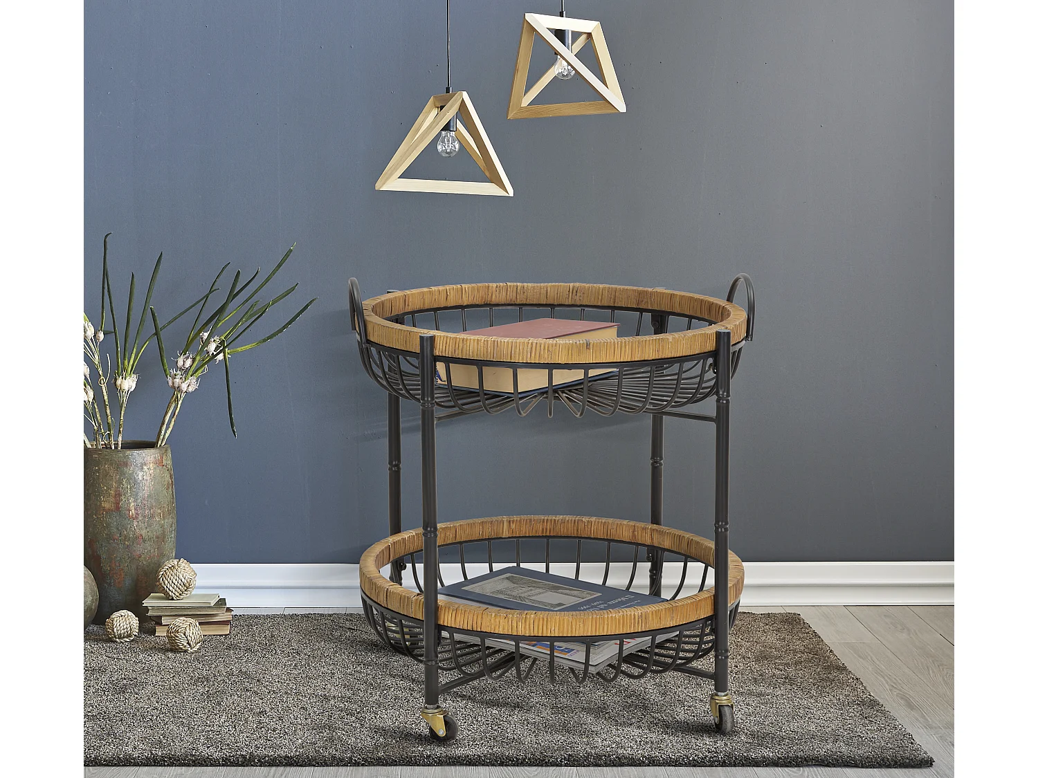 Carrello doppio in ferro e legno nero e marrone cm 57x55,5x62,5