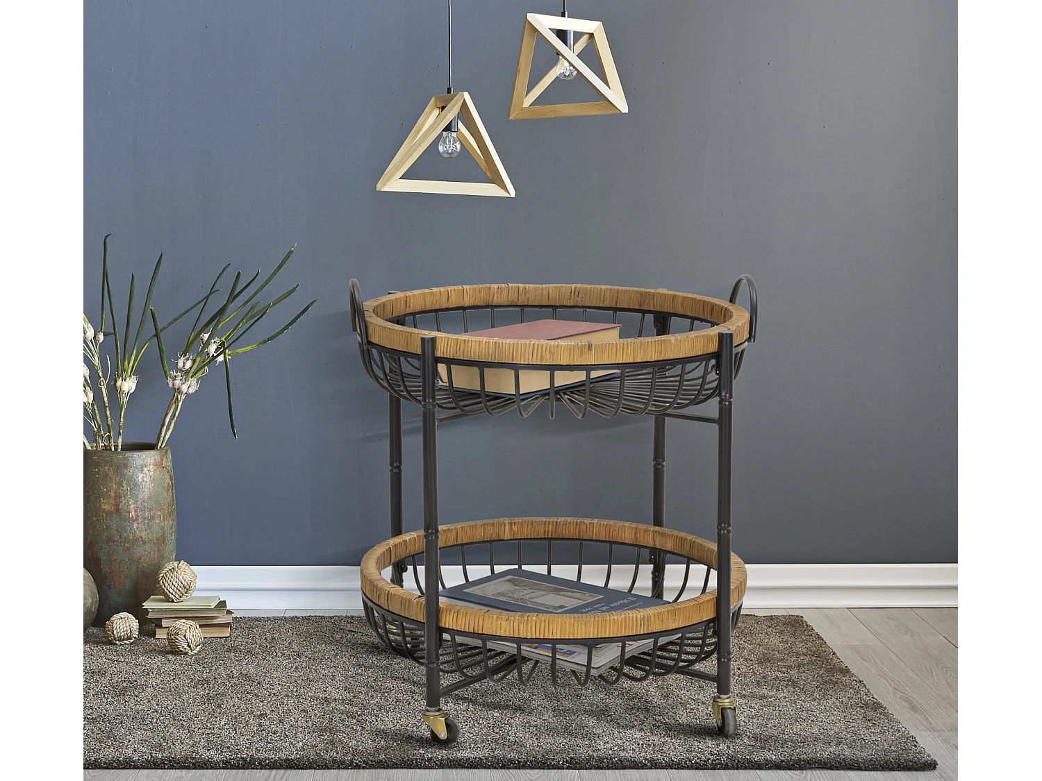 Carrito doble de hierro y madera, negro y marrón, 57x55,5x62,5 cm