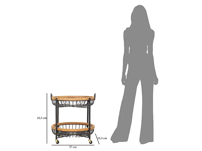 Carrito doble de hierro y madera, negro y marrón, 57x55,5x62,5 cm