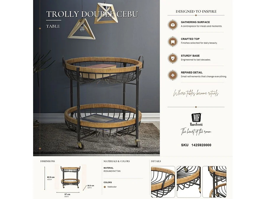Carrito doble de hierro y madera, negro y marrón, 57x55,5x62,5 cm