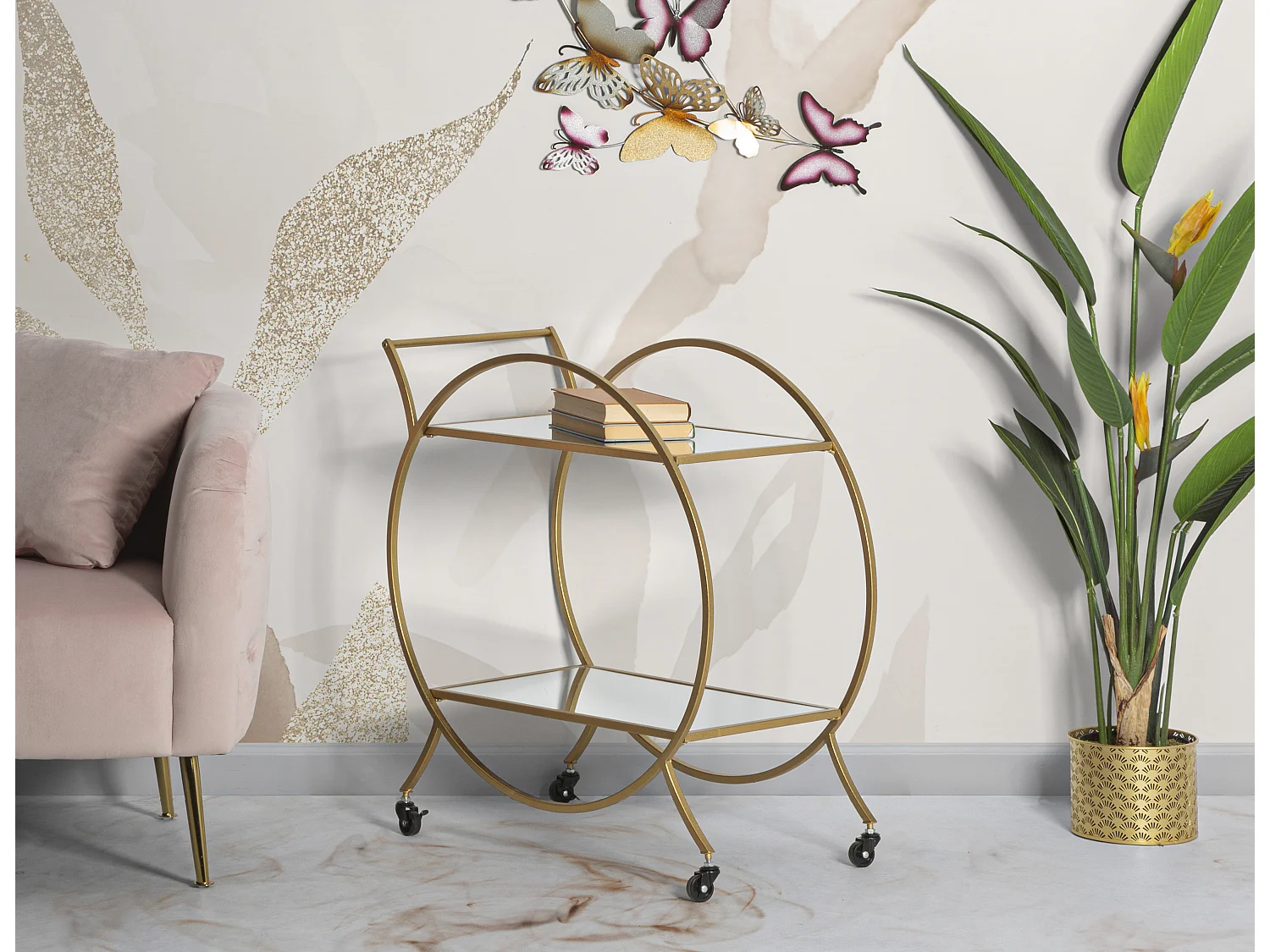 Carrello con 2 ripiani a specchio in metallo dorato cm 70x36,5x78