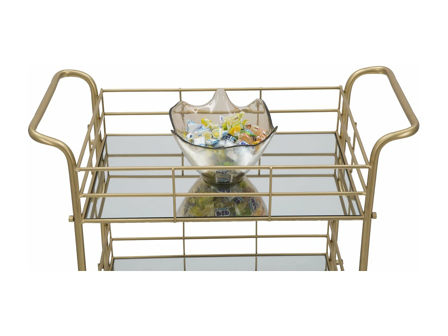 Carrito de bar rectangular dorado con estantes de vidrio espejado Glammy