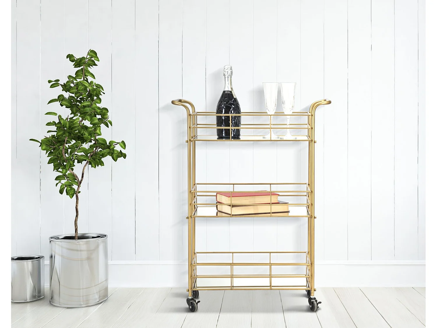 Carrito de bar rectangular dorado con estantes de vidrio espejado Glammy