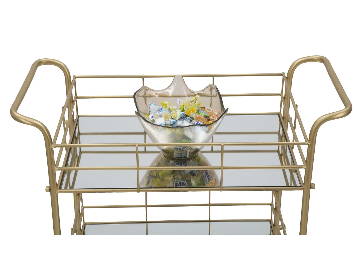Carrito de bar rectangular dorado con estantes de vidrio espejado Glammy