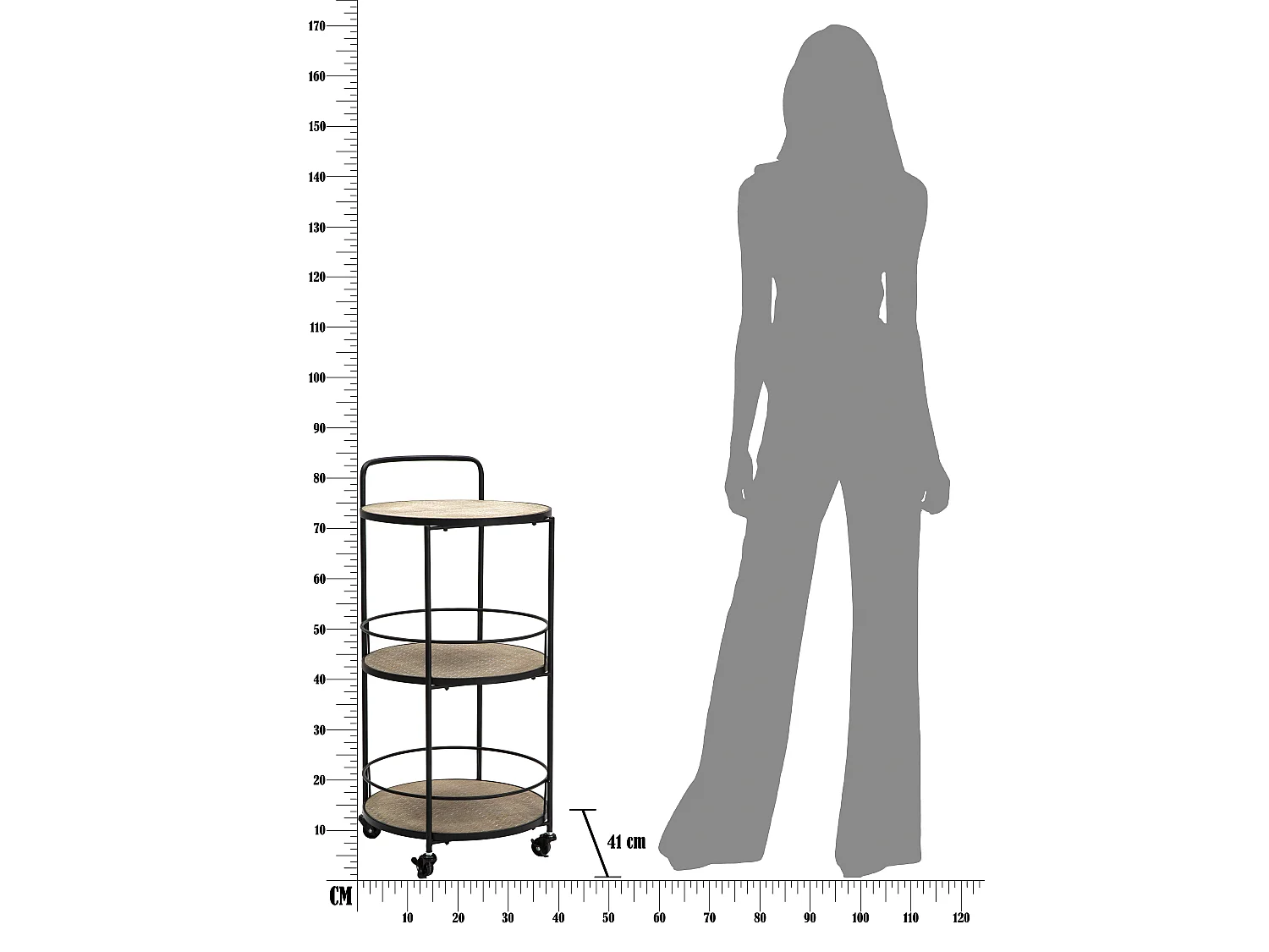 Ronde, veelkleurige metalen trolley met 2 planken, 40x41,5x82 cm