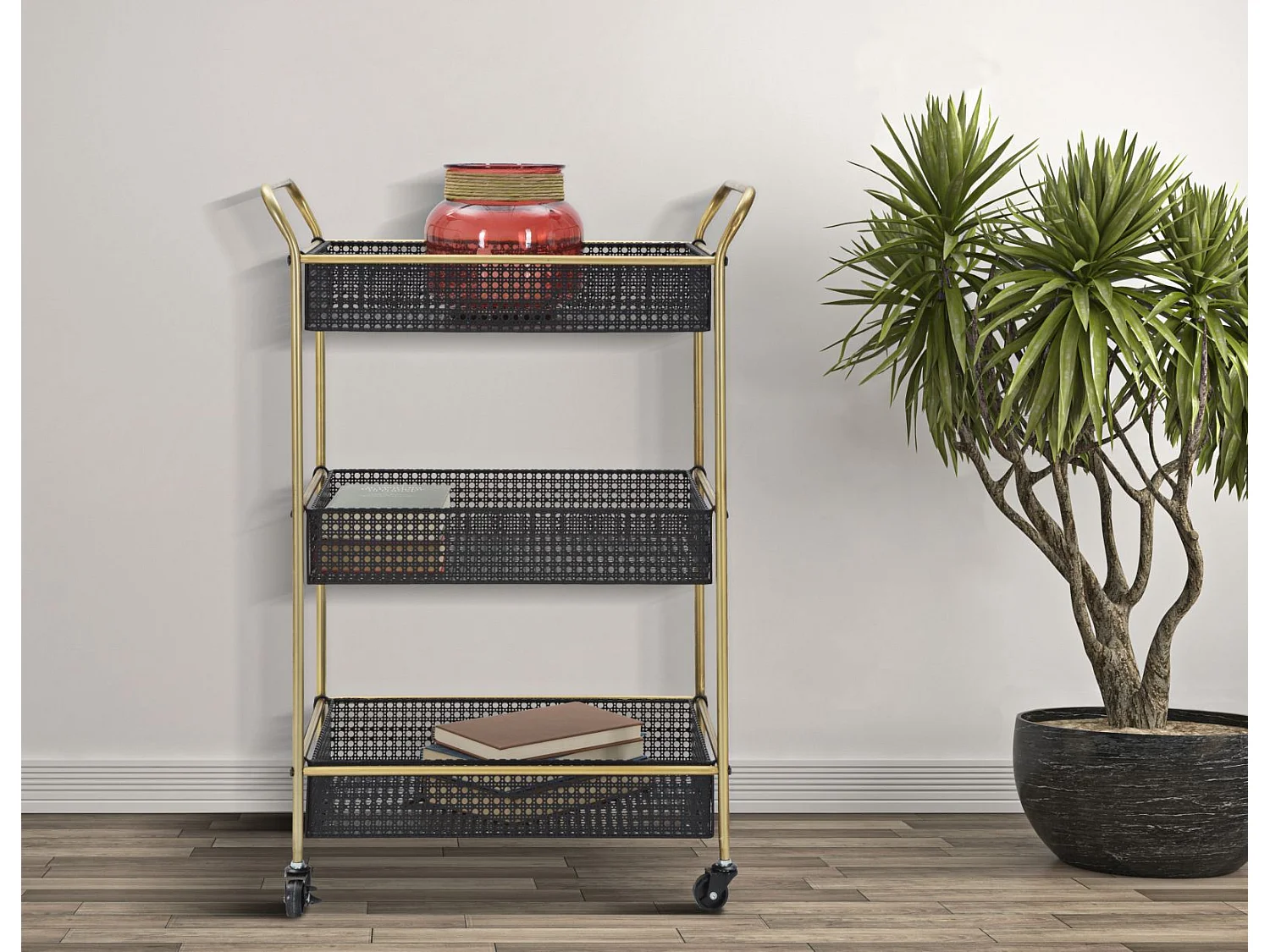 Carrello in metallo nero con 3 ripiani cm 56x37x81