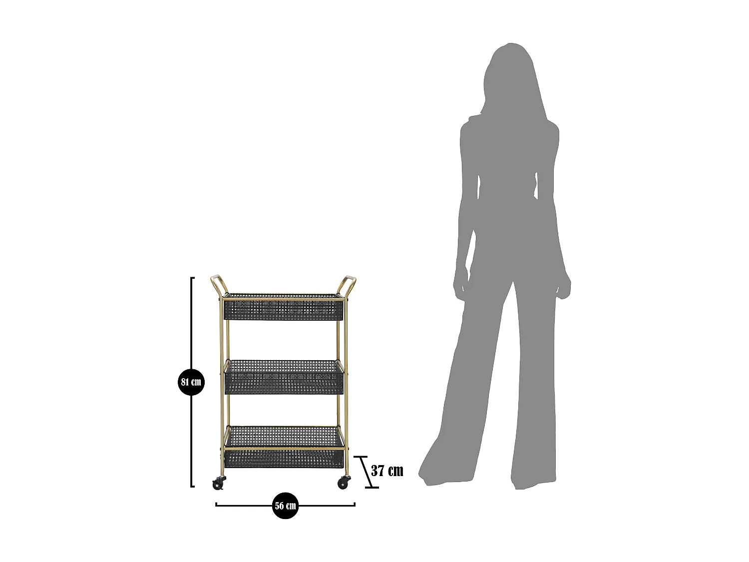 Carrello in metallo nero con 3 ripiani cm 56x37x81