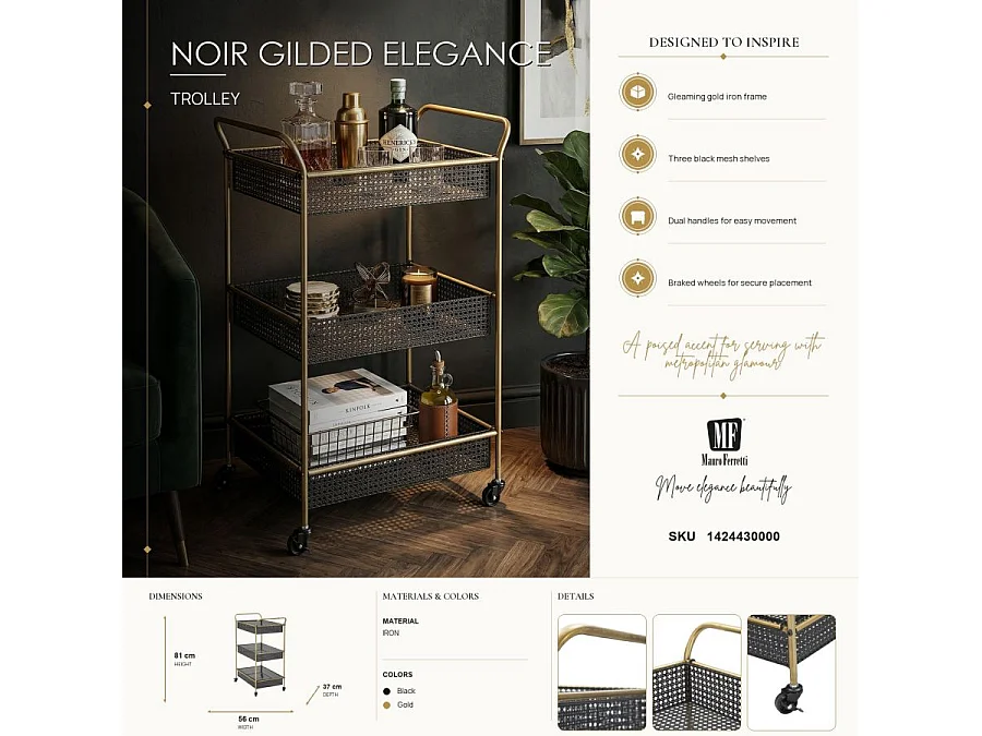 Zwarte metalen trolley met 3 planken 56x37x81 cm