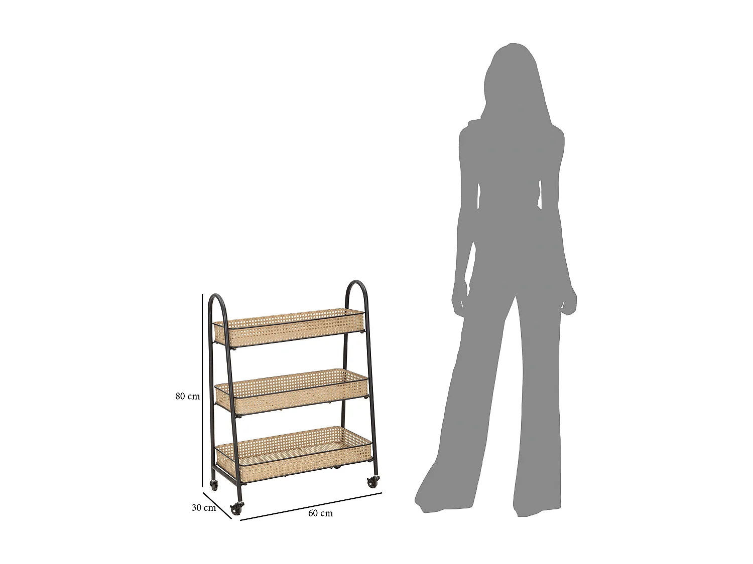 Carrello con 3 ripiani in metallo marrone e nero Ø cm 60x30x80