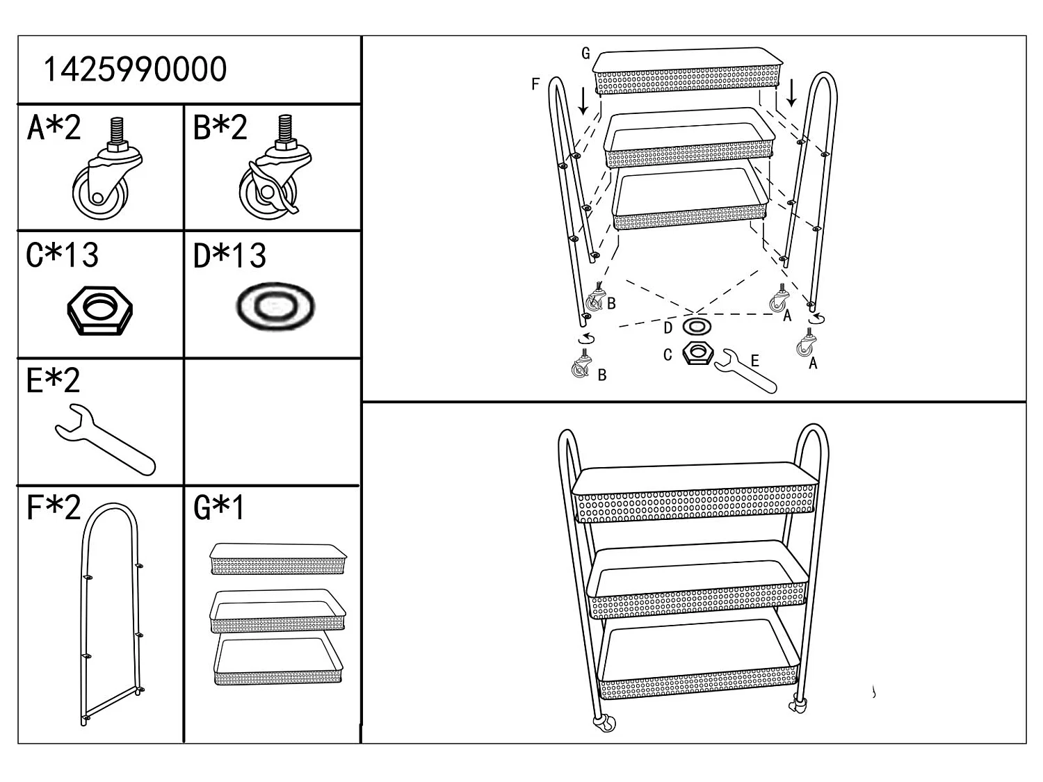 Carrito auxiliar de cocina de metal con 3 estantes Fuji