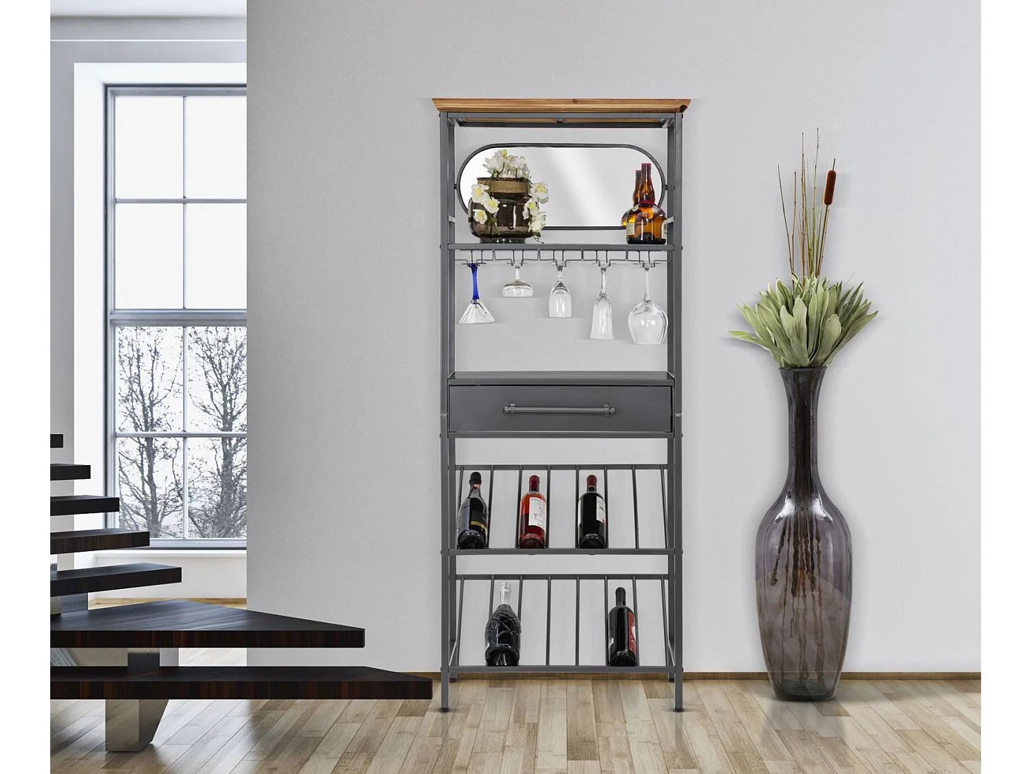 Meuble en métal noir avec tiroir et porte-bouteille 68x37x165 cm