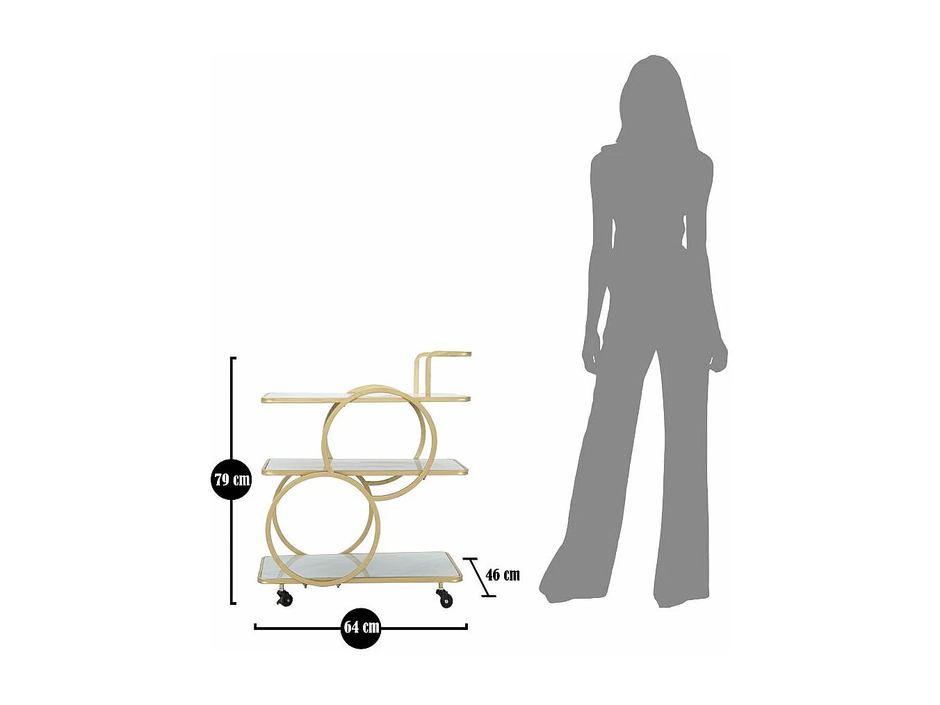 Desserte en métal doré avec 3 étagères en verre 64x46x79 cm