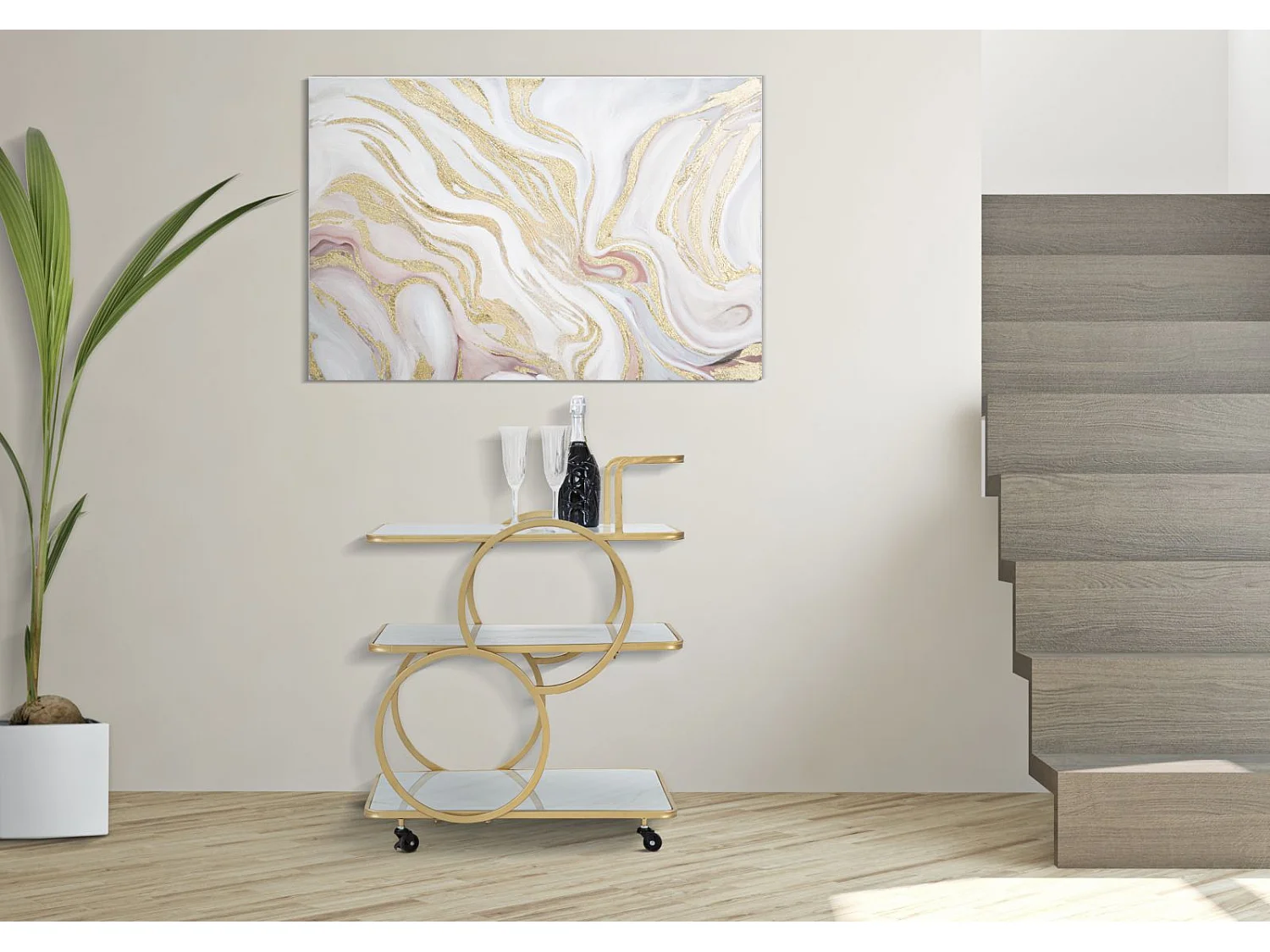 Desserte en métal doré avec 3 étagères en verre 64x46x79 cm