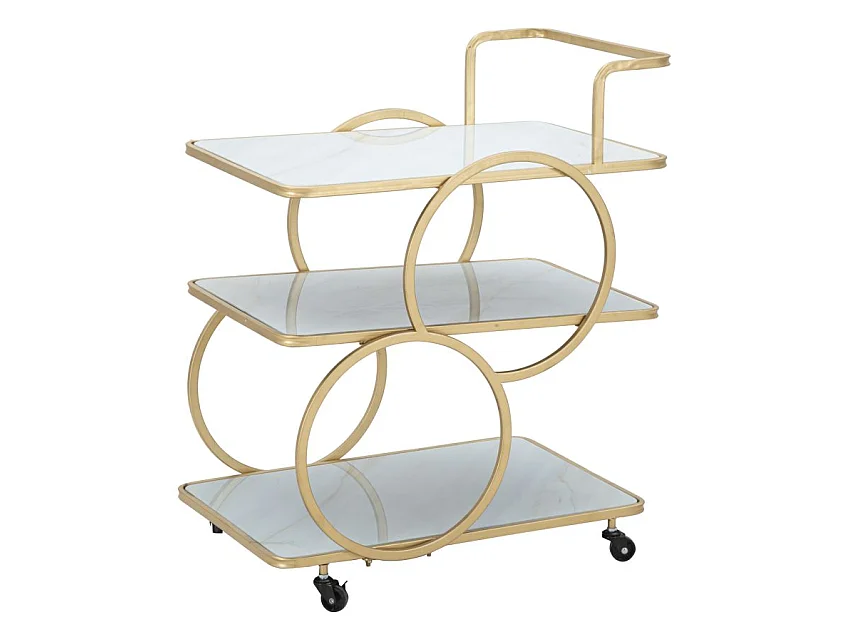Gouden metalen trolley met 3 glazen planken, 64x46x79 cm