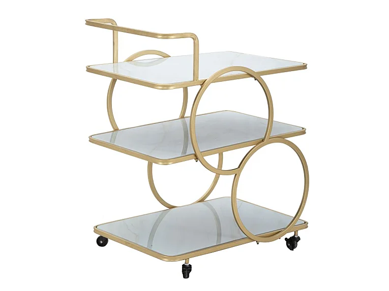 Gouden metalen trolley met 3 glazen planken, 64x46x79 cm