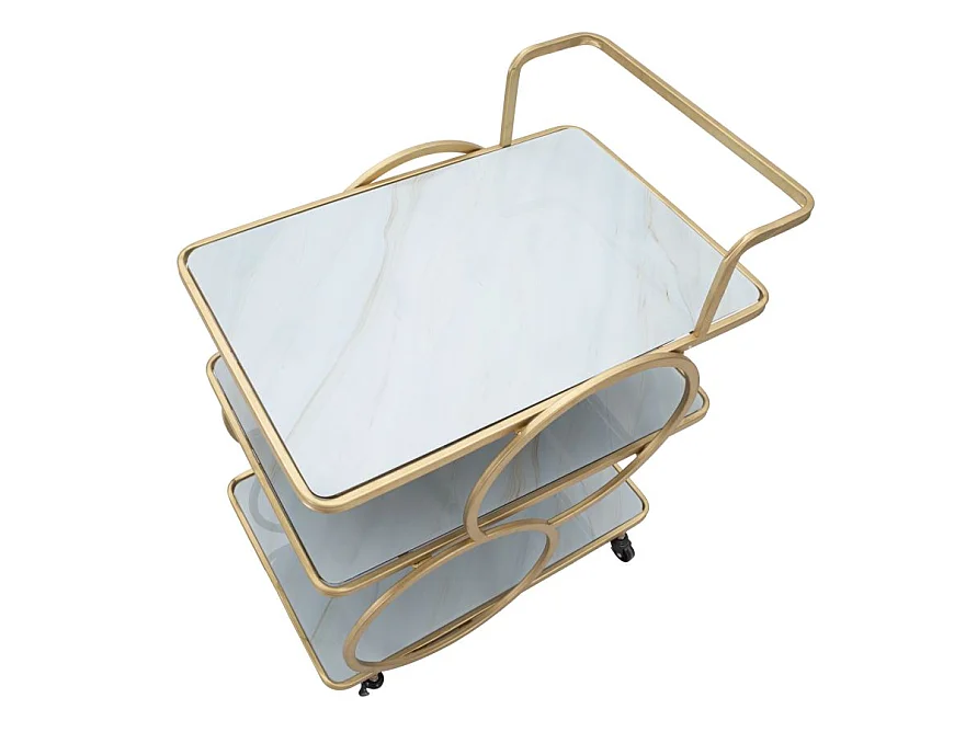 Gouden metalen trolley met 3 glazen planken, 64x46x79 cm