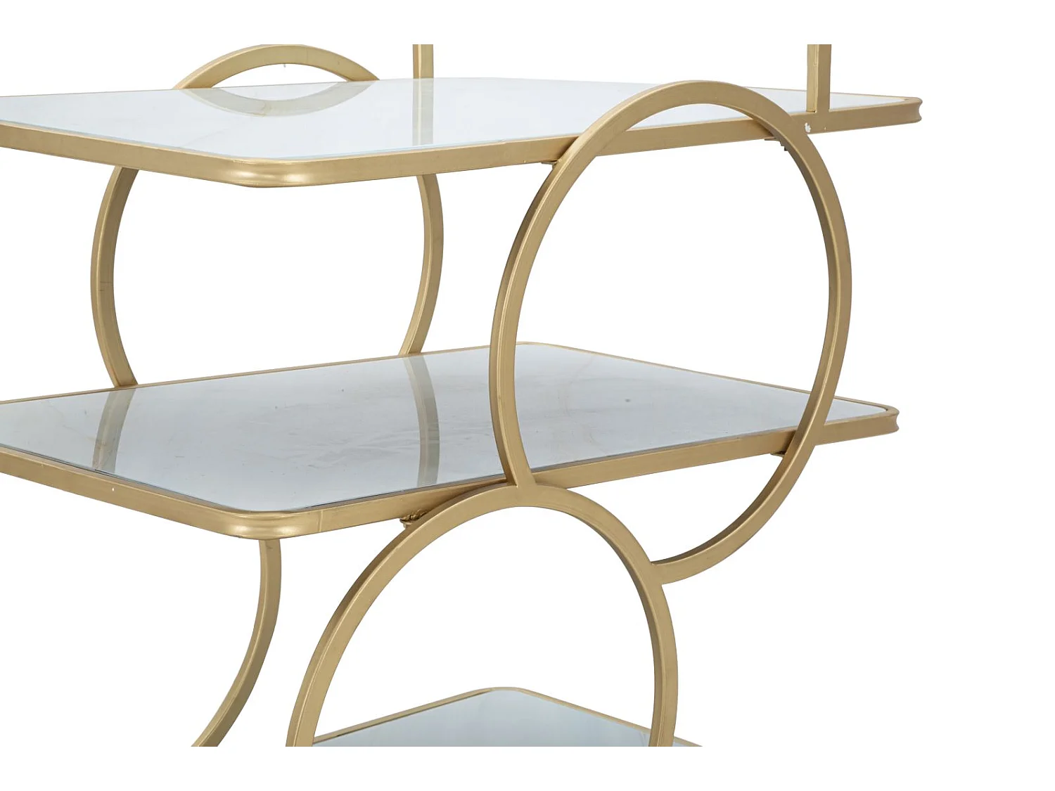 Gouden metalen trolley met 3 glazen planken, 64x46x79 cm