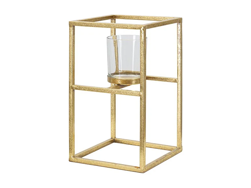 Portacandele in metallo dorato con bicchierino in vetro cm 15x15x25
