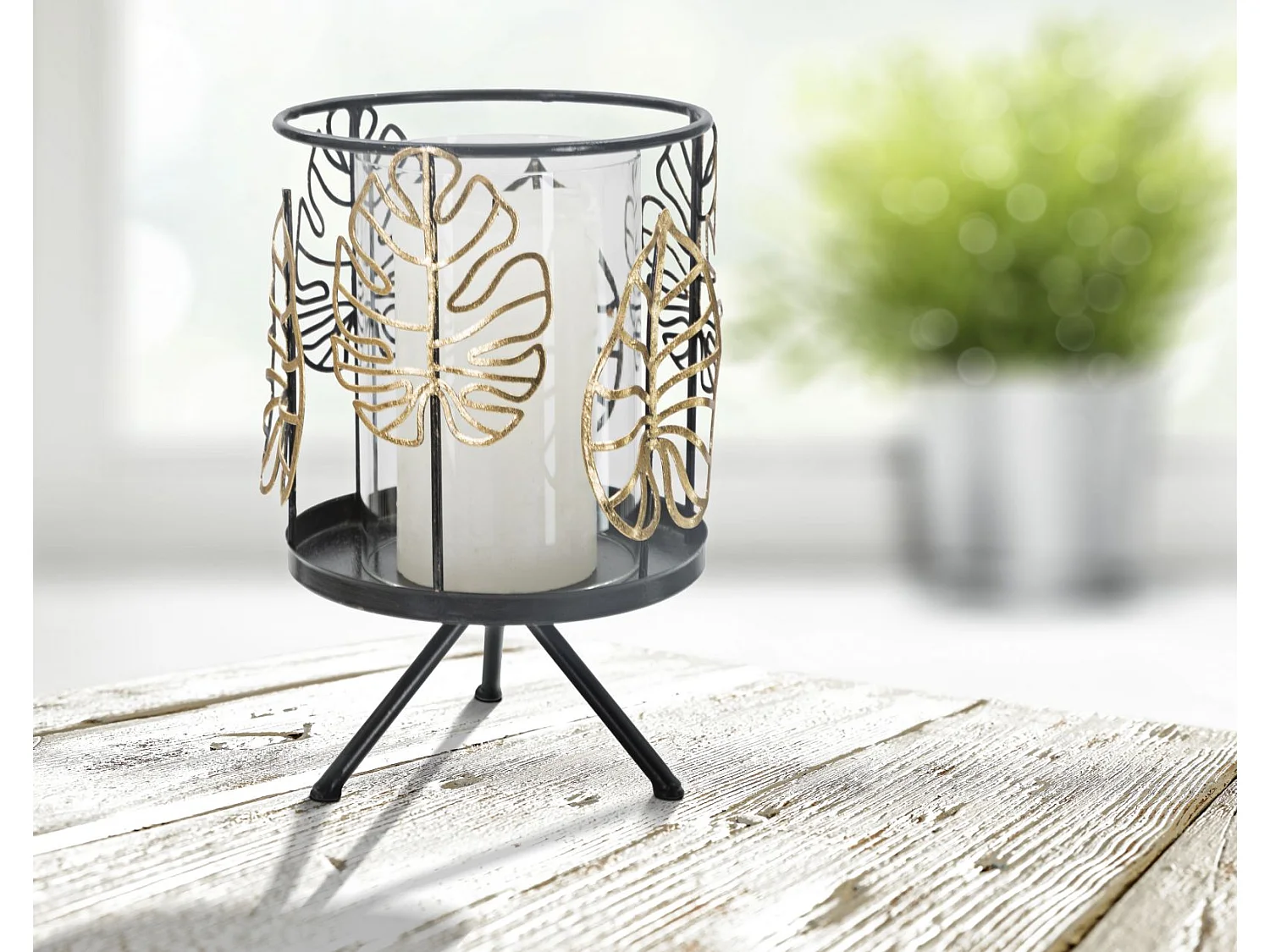 Bougeoir en métal feuille grise Ø 15x23,5 cm