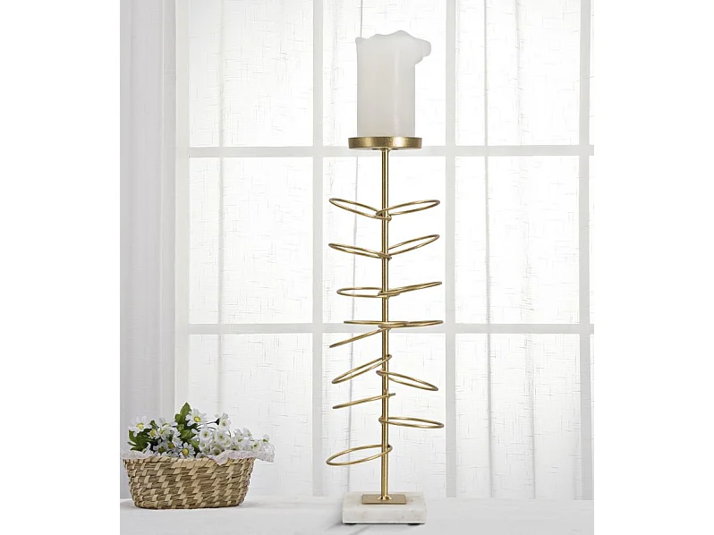 Portacandele in metallo dorato con base in marmo cm 14x13x46