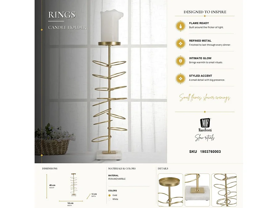 Bougeoir Design en Métal "Rings" 46cm Or