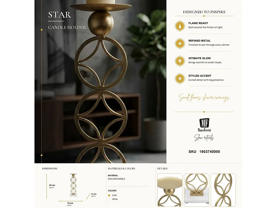 Bougeoir Design en Métal "Étoiles" 32cm Or