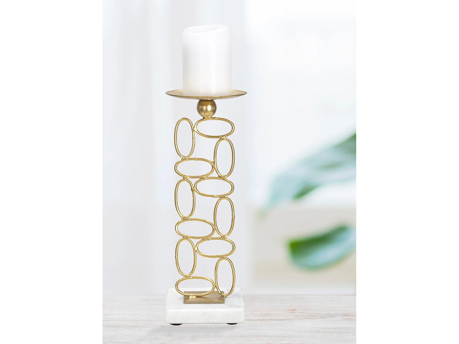 Portacandele in metallo dorato con base in marmo cm 10x10x27