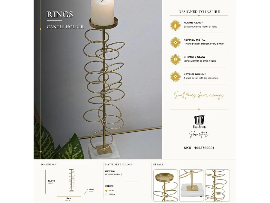 Bougeoir Design en Métal "Rings" 50cm Or