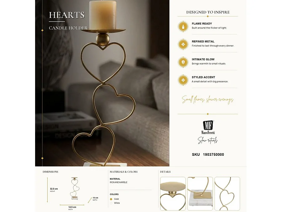Bougeoir Design en Métal "Cœurs" 32cm Or